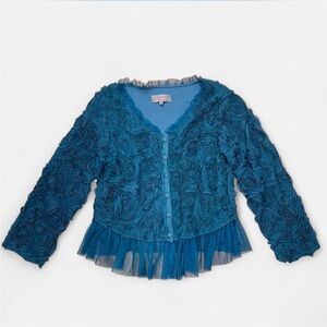 Pretty Angel Brand Cardigan Sweater Top Blue Teal Size Large Floral Ruffled